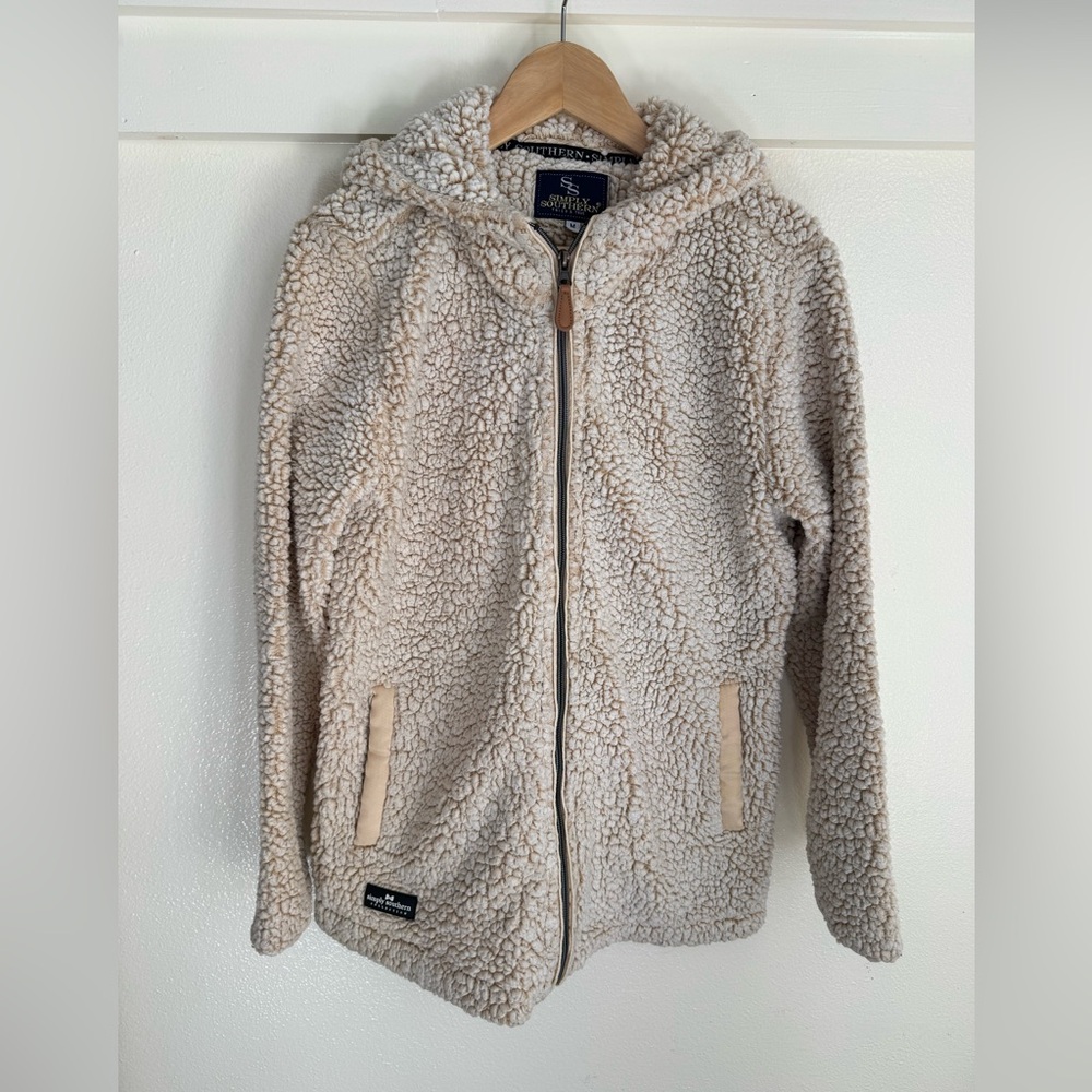 Simply Southern Sherpa Teddy Fleece Full Zip Hoodie Jacket Cream Tan Size M - Picture 2 of 11